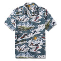 Unisex vintage-style teal and white cotton Hawaiian shirt with camp collar and mountain sport graphic print