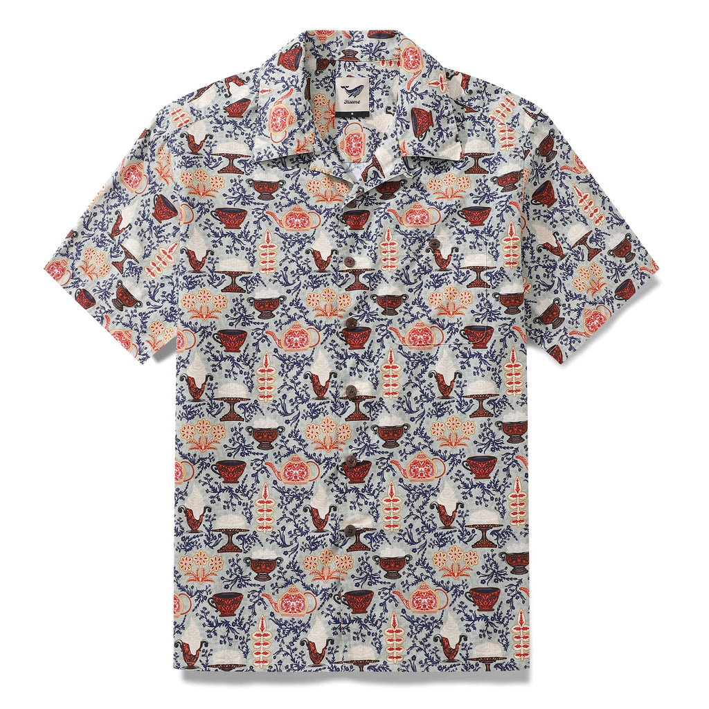 Unisex cotton Hawaiian camp collar shirt with a light-blue, red, and white pattern featuring Swedish Fika motifs