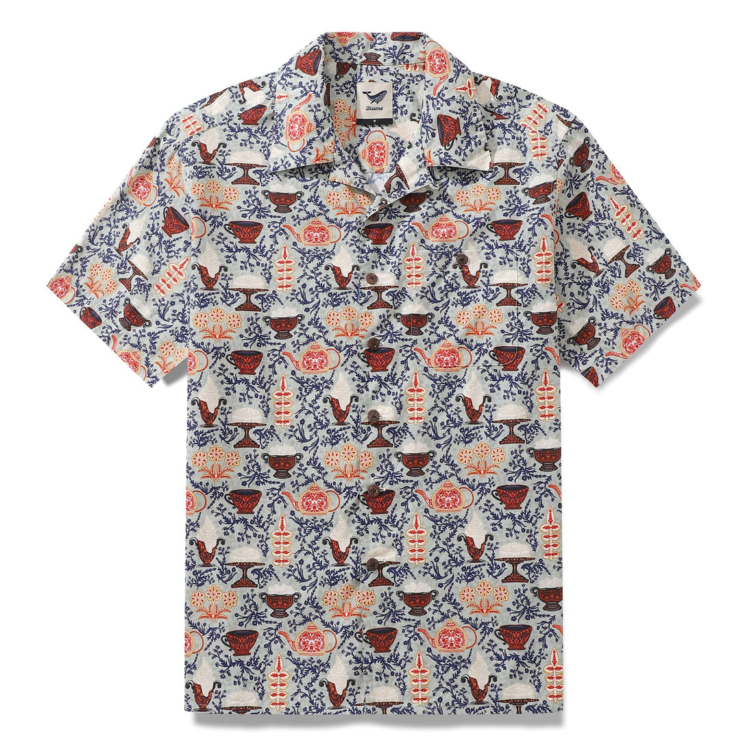 Unisex cotton Hawaiian camp collar shirt with a light-blue, red, and white pattern featuring Swedish Fika motifs