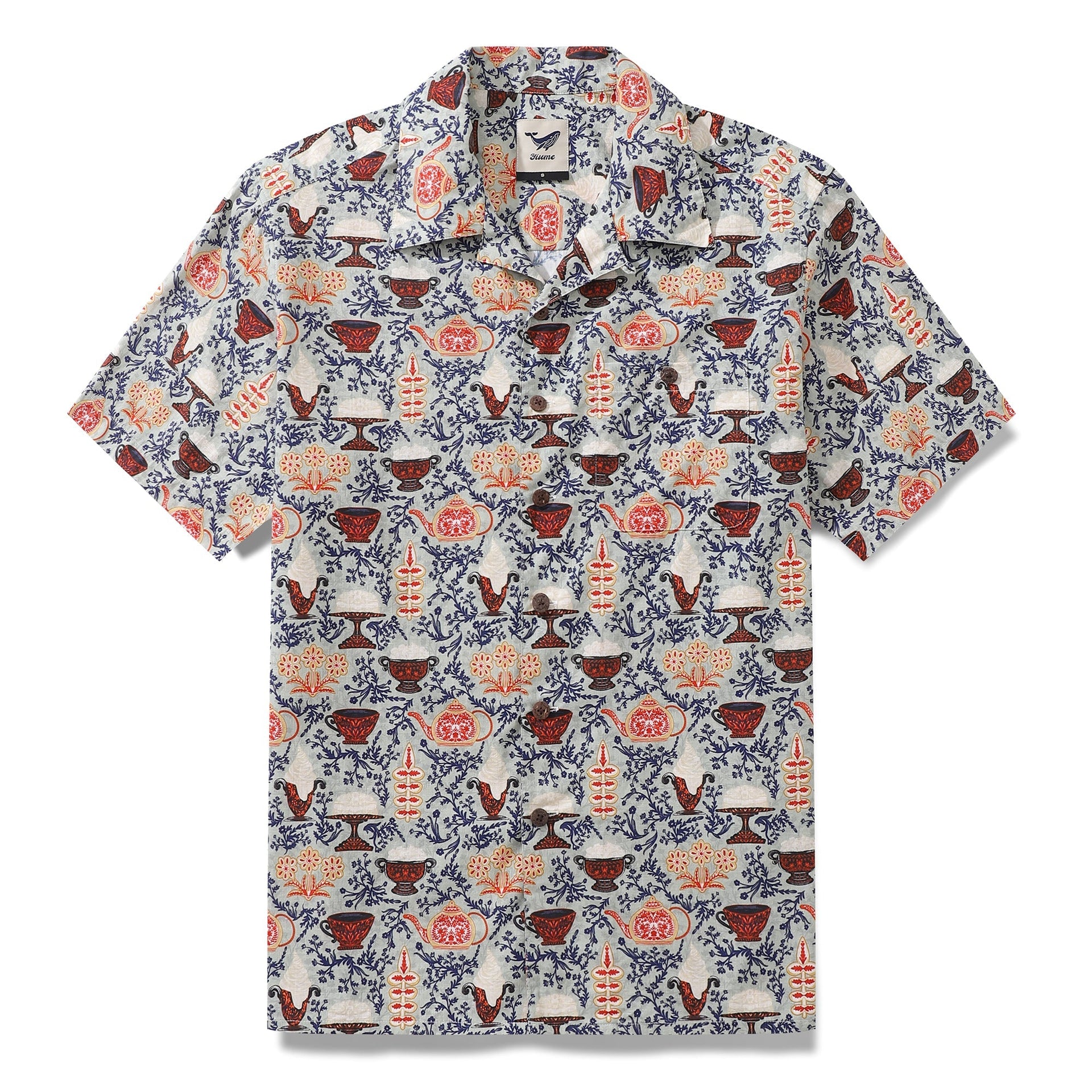 Unisex cotton Hawaiian camp collar shirt with a light-blue, red, and white pattern featuring Swedish Fika motifs