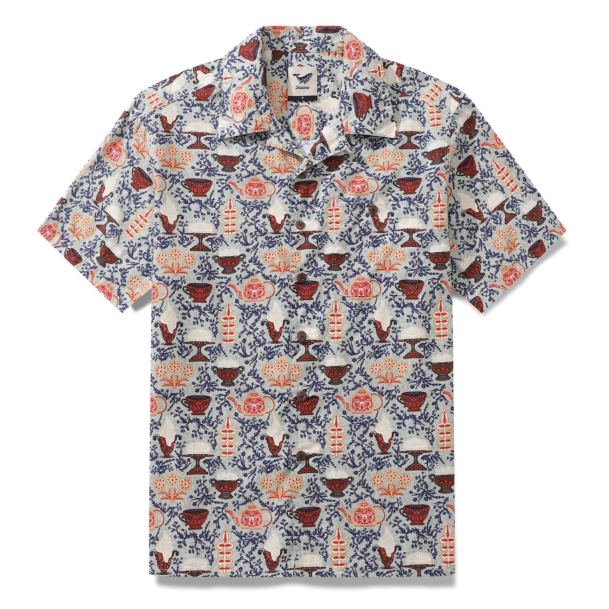 Unisex cotton Hawaiian camp collar shirt with a light-blue, red, and white pattern featuring Swedish Fika motifs