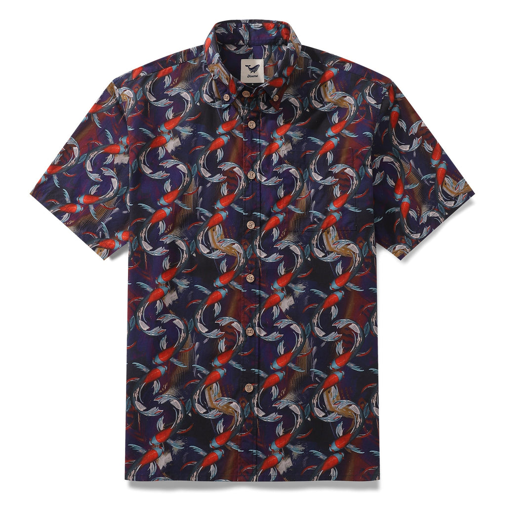 Close up of red koi fish print cotton Hawaiian short sleeve button-down shirt