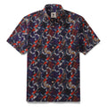 Close up of red koi fish print cotton Hawaiian short sleeve button-down shirt