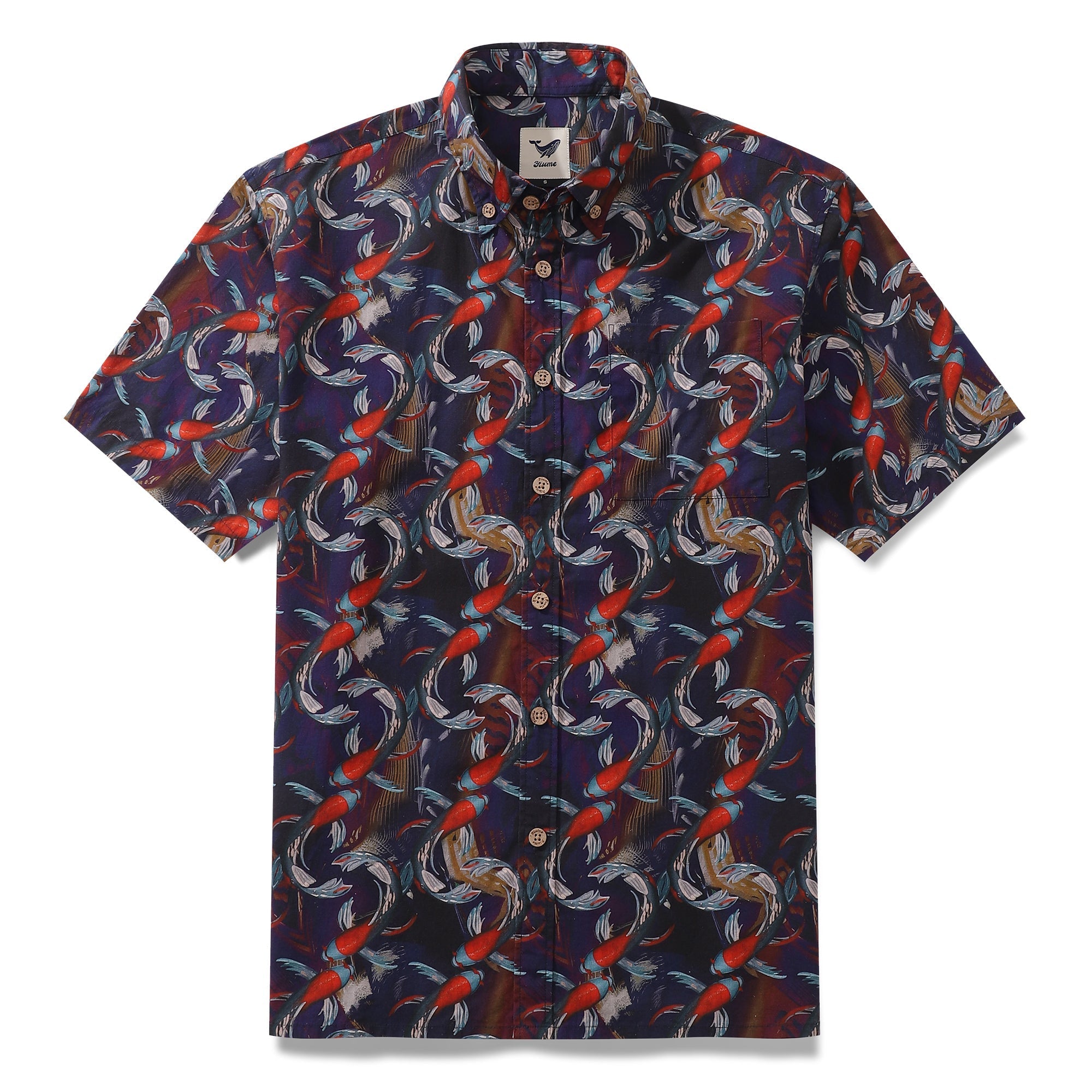 Close up of red koi fish print cotton Hawaiian short sleeve button-down shirt