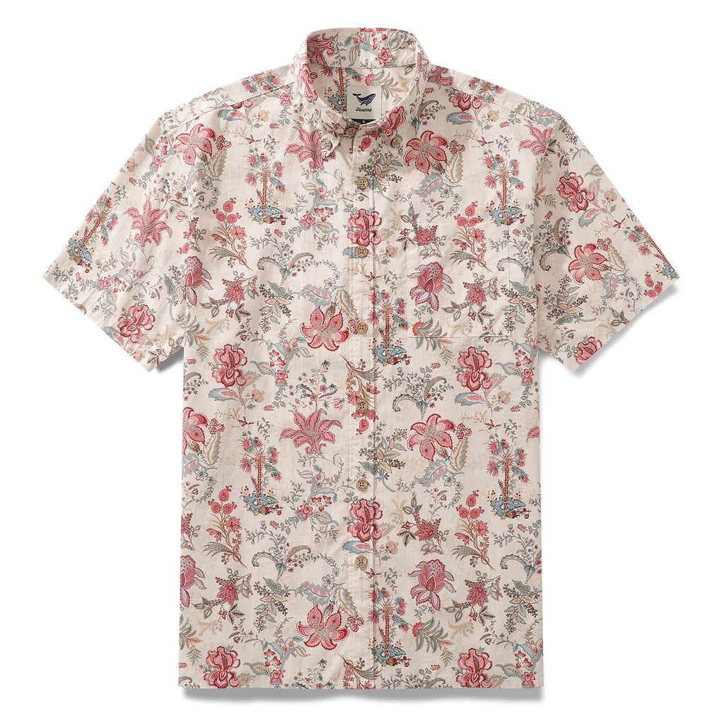 Men's cotton Hawaiian shirt with vibrant purple, yellow, and green floral print on a beige background
