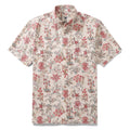 Men's cotton Hawaiian shirt with vibrant purple, yellow, and green floral print on a beige background