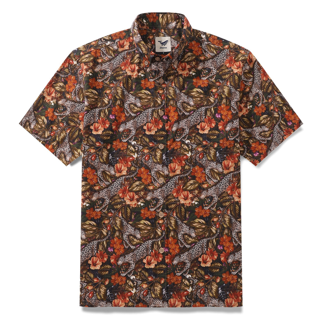 Men's short sleeve button-down Hawaiian shirt with playful leopard print