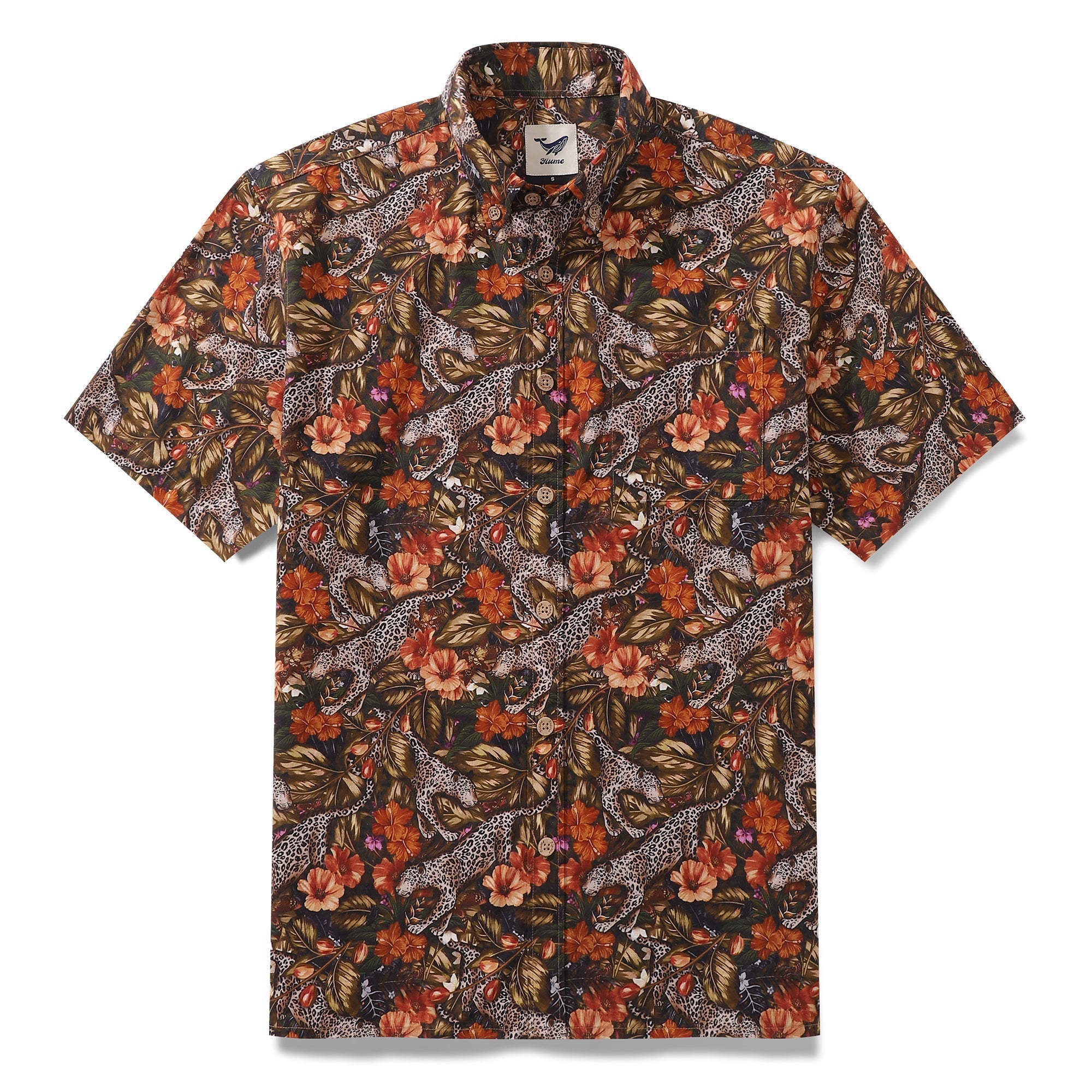 Men's short sleeve button-down Hawaiian shirt with playful leopard print