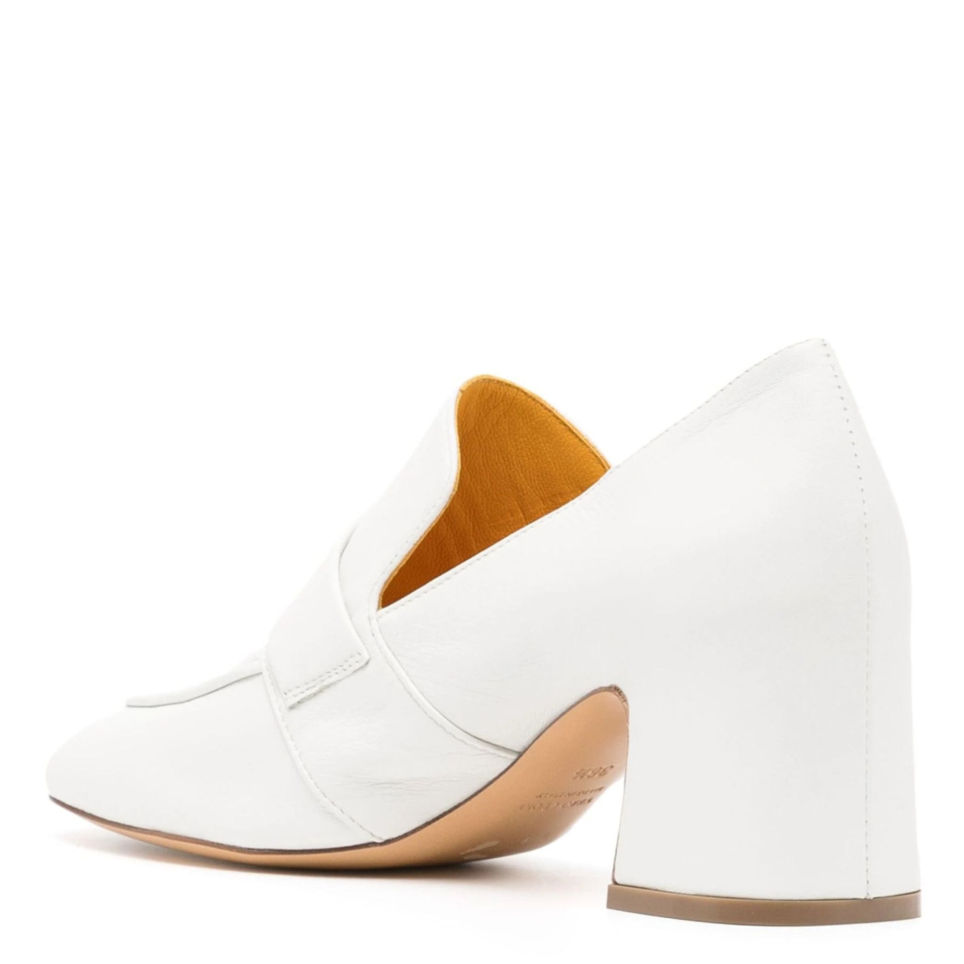 White Leather Block Heel Loafers with Gold Hardware - Image 3