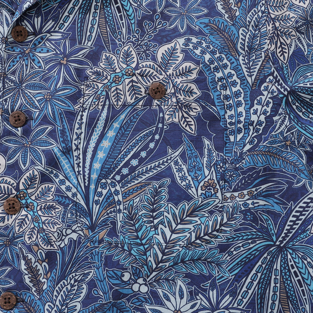 Men's Tropical Blues Botanical Print Cotton Camp Collar Shirt