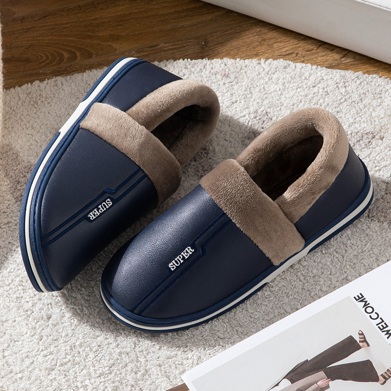 Waterproof Faux Leather Memory Foam Slippers with Plush Warm Lining