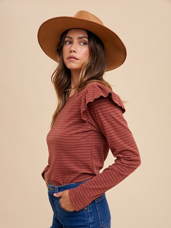 Soft Touch Striped Ruffle Shoulder Top in Brick Red