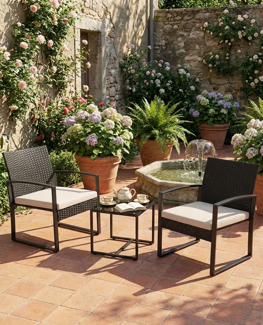 Modern 3-piece patio furniture set in black wicker with beige cushions on a deck