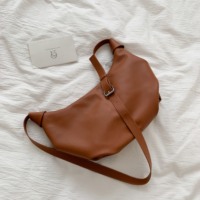 Women's PU Leather Half Round Shoulder Bag with Wide Belt and Chain