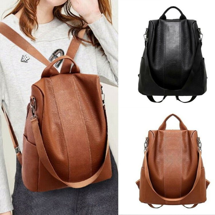 Vintage style brown leather anti-theft convertible backpack for women