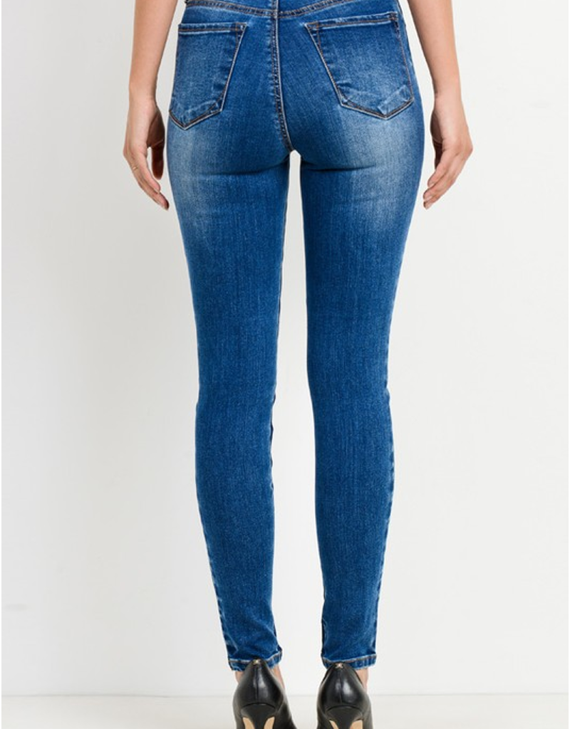 Contrast Wash High Rise Ankle Skinny Jeans in Medium-Blue
