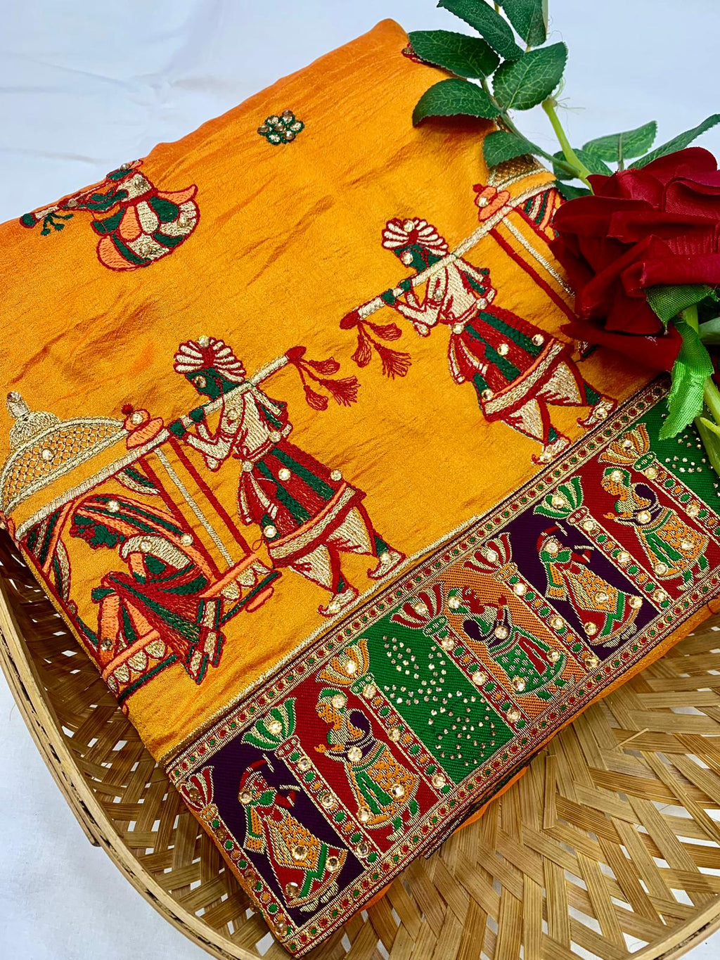 Yellow Vichitra Silk Saree with Embroidery and Diamond Work