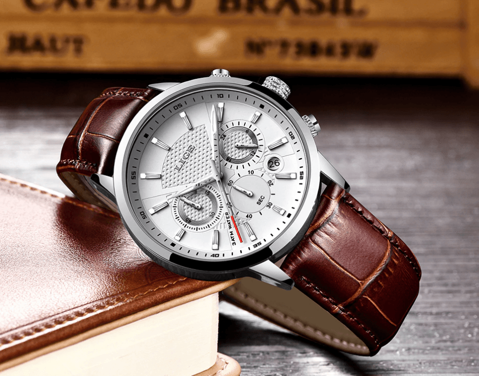 Men's Waterproof Chronograph Sport Watch with Leather Strap