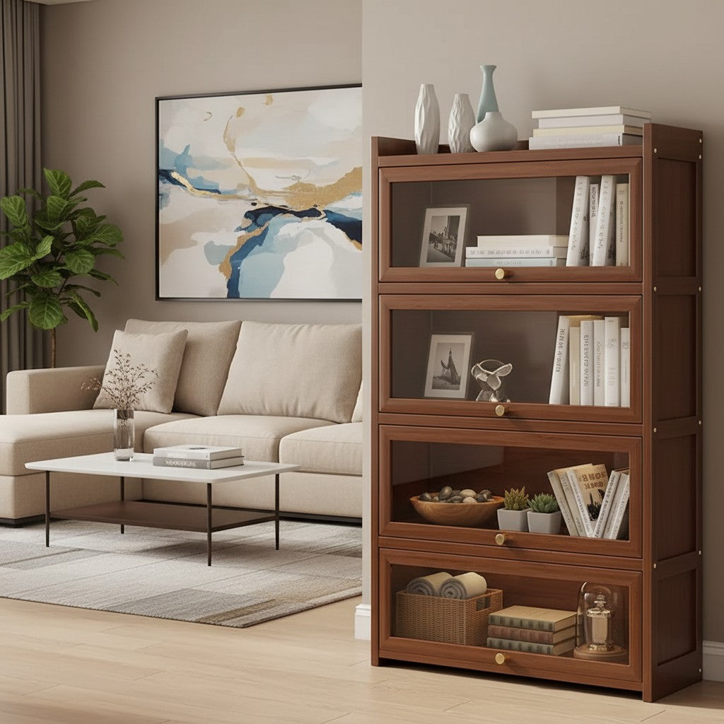 Tall 4-Tier Bamboo Bookshelf with Modern Clear Acrylic Doors