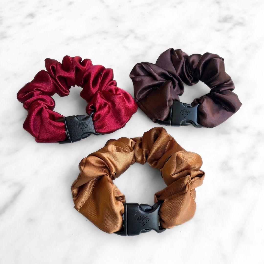 3-Pack Satin Autumn Hair Scrunchies - Gingerbread, Red, Chocolate