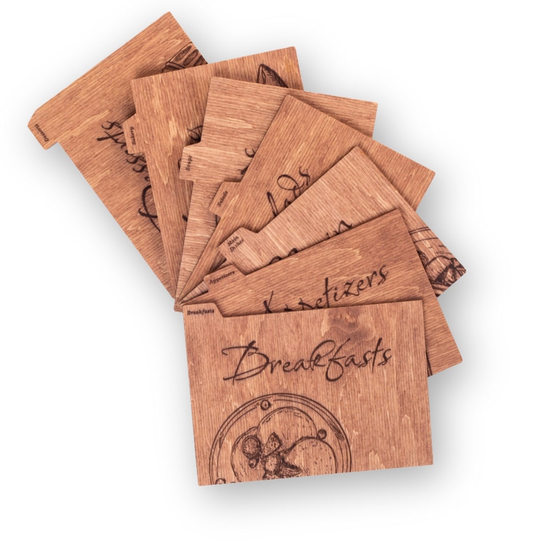 Set of 7 light birch wood recipe box dividers with engraved category labels in a rustic farmhouse style.