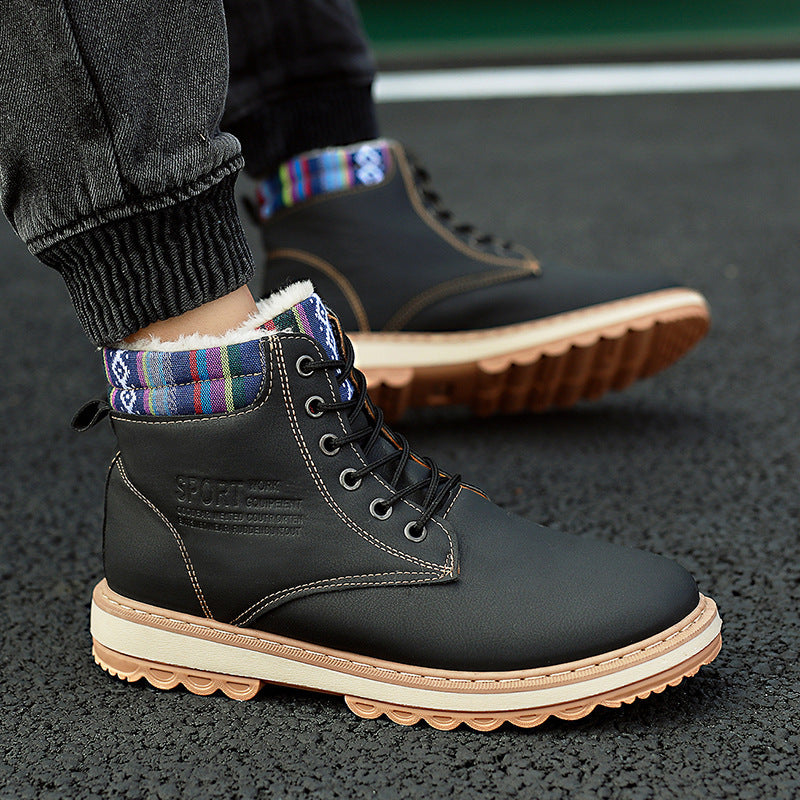 Men's leather waterproof winter snow boots with plush lining and rugged anti-slip soles