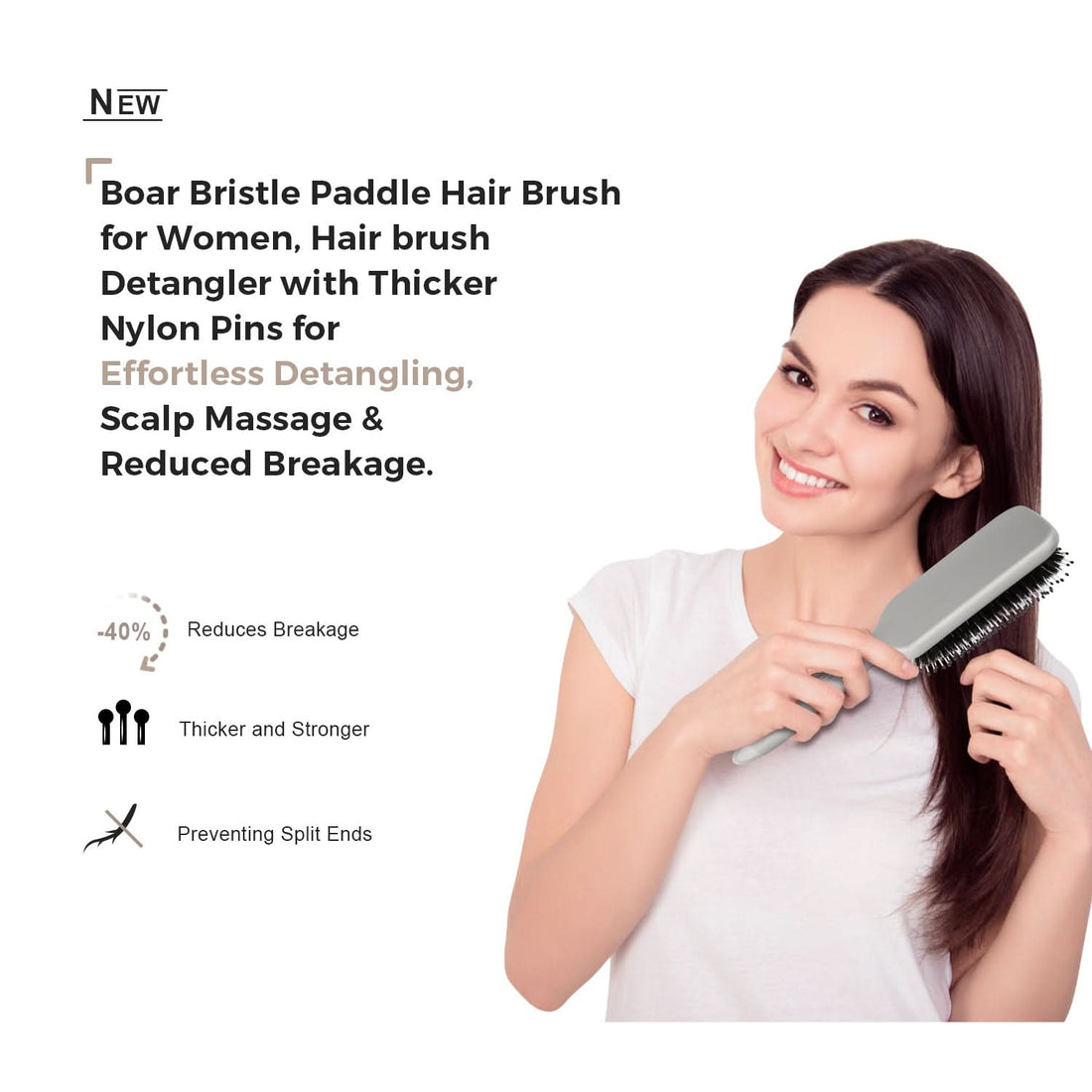 Professional Boar Bristle Paddle Brush for Detangling - Grey