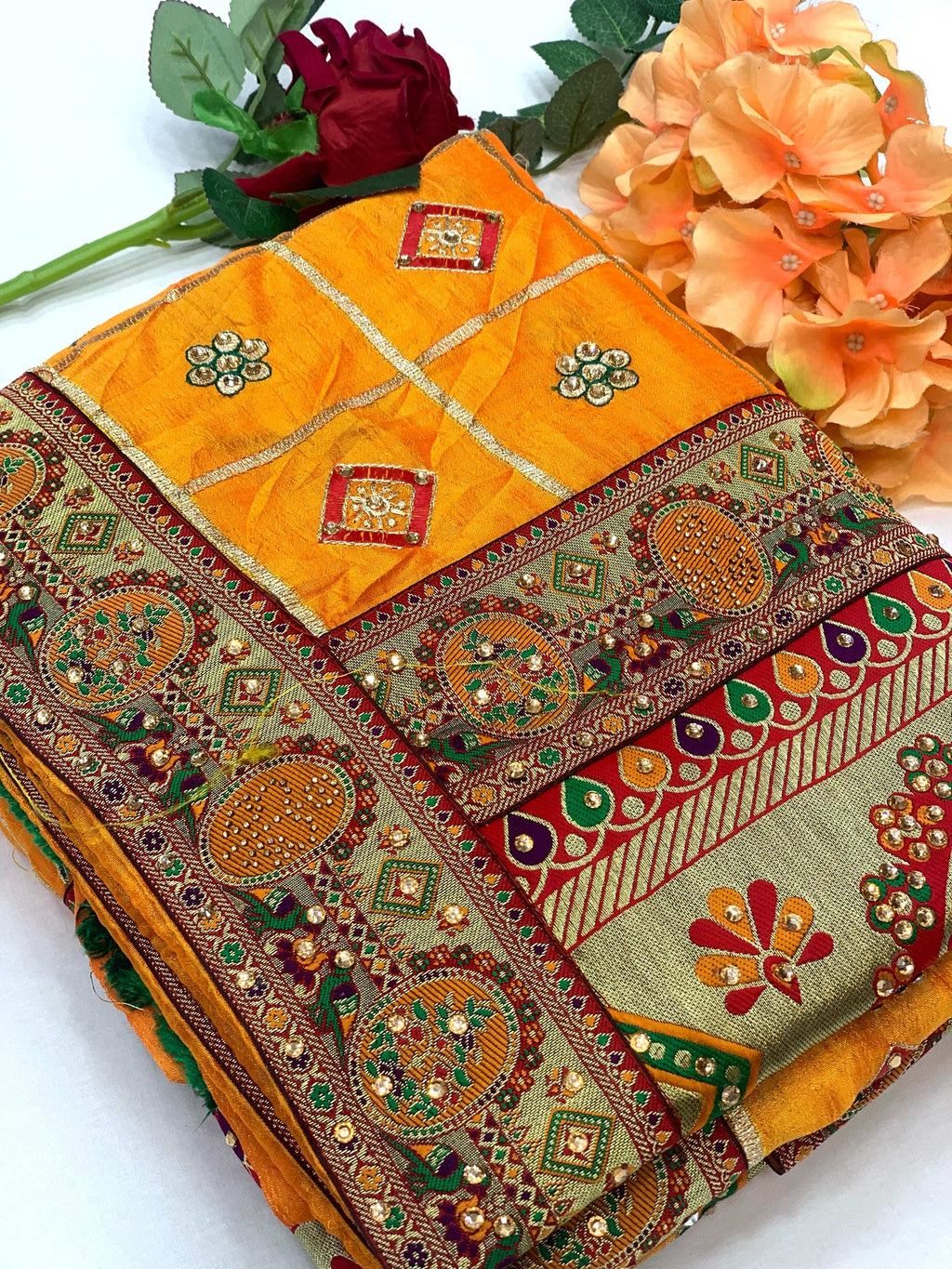 Yellow Vichitra Silk Saree with Embroidery and Diamond Work