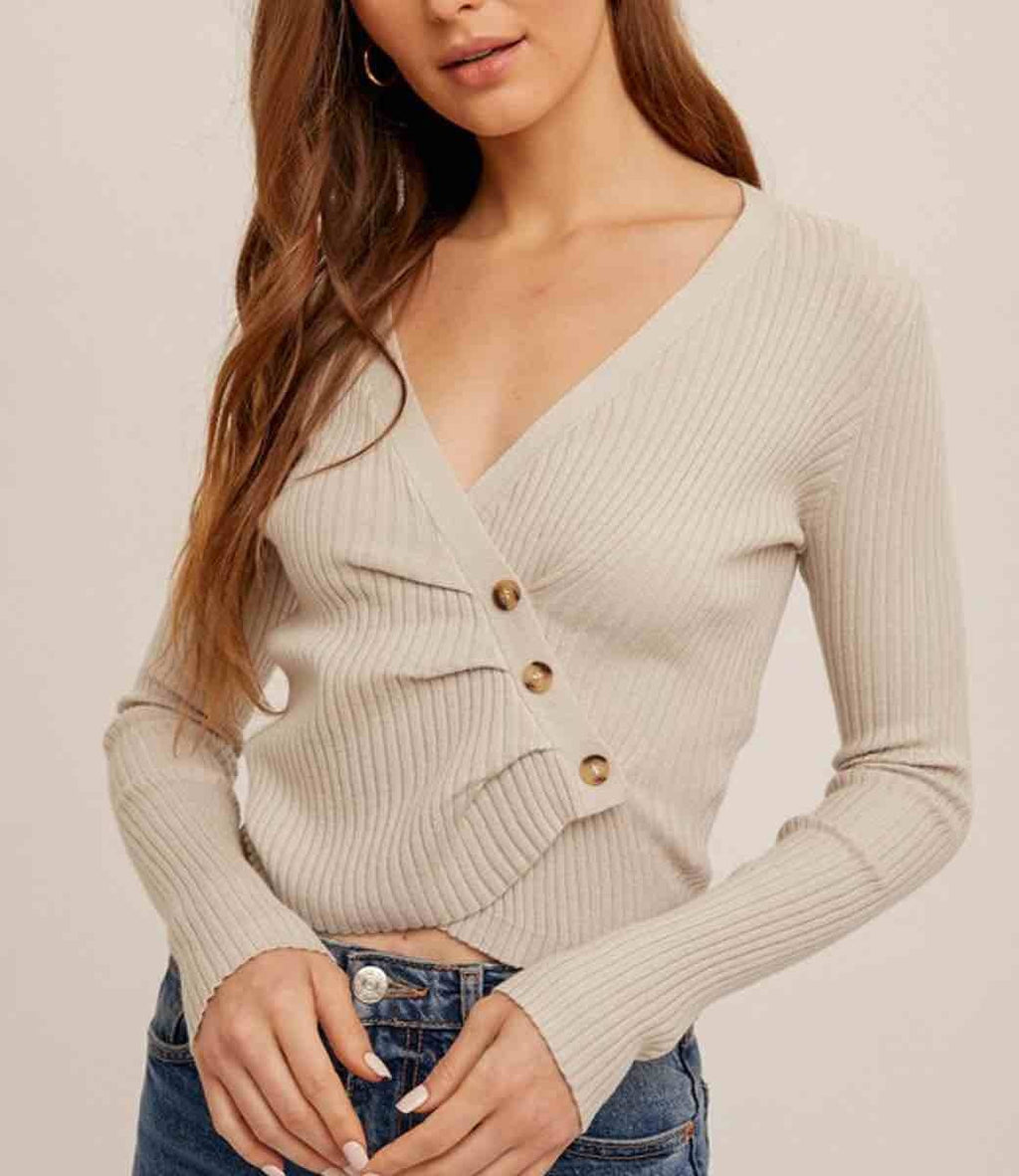 Asymmetrical Pleat Ribbed V-Neck Top in Dove Grey