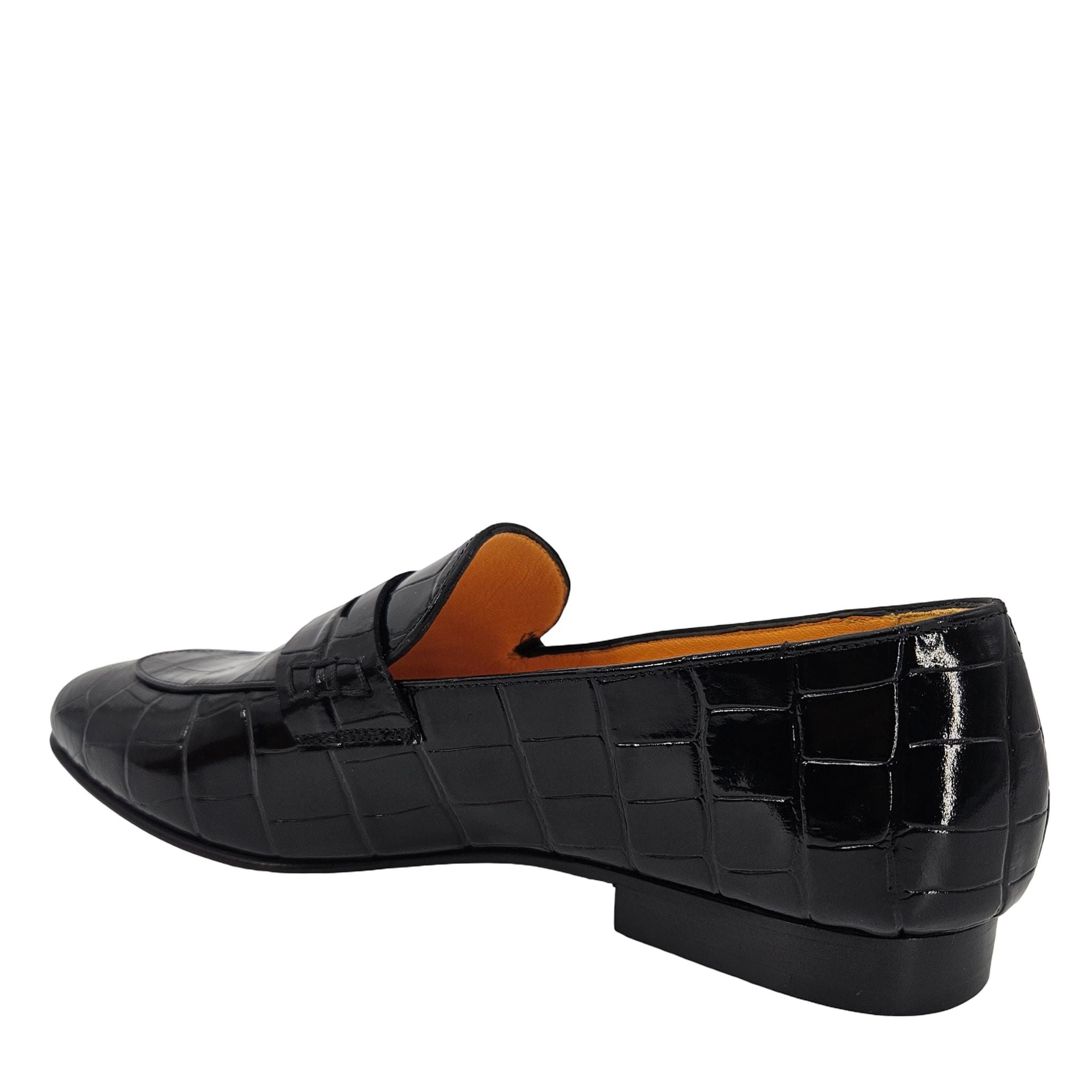Black Leather Flat Moc Croc Leather Loafer