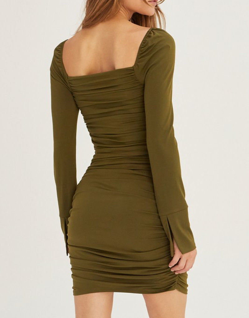 Kylie Ruched Bodycon Knit Mini Dress in Olive