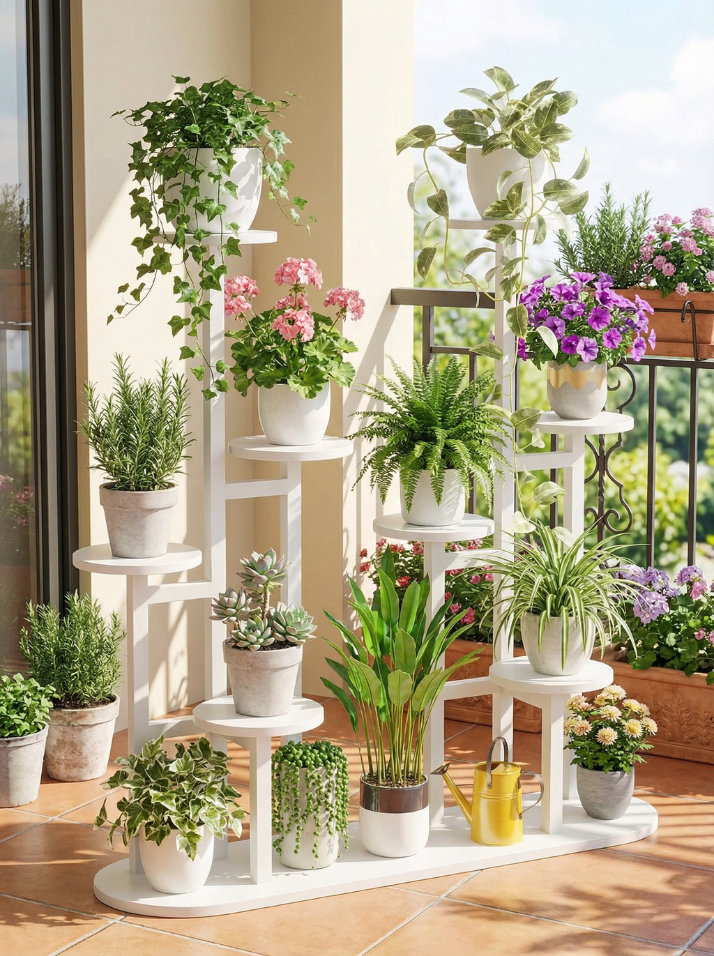 8-Tier Metal & Wood Plant Stand, Modern Indoor Outdoor Flower Rack