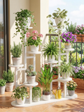 8-Tier Metal & Wood Plant Stand, Modern Indoor Outdoor Flower Rack