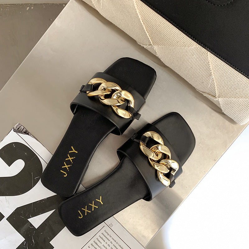 Gold Chain Detail Closed Toe Mules Flat Square Head Slip On Slides