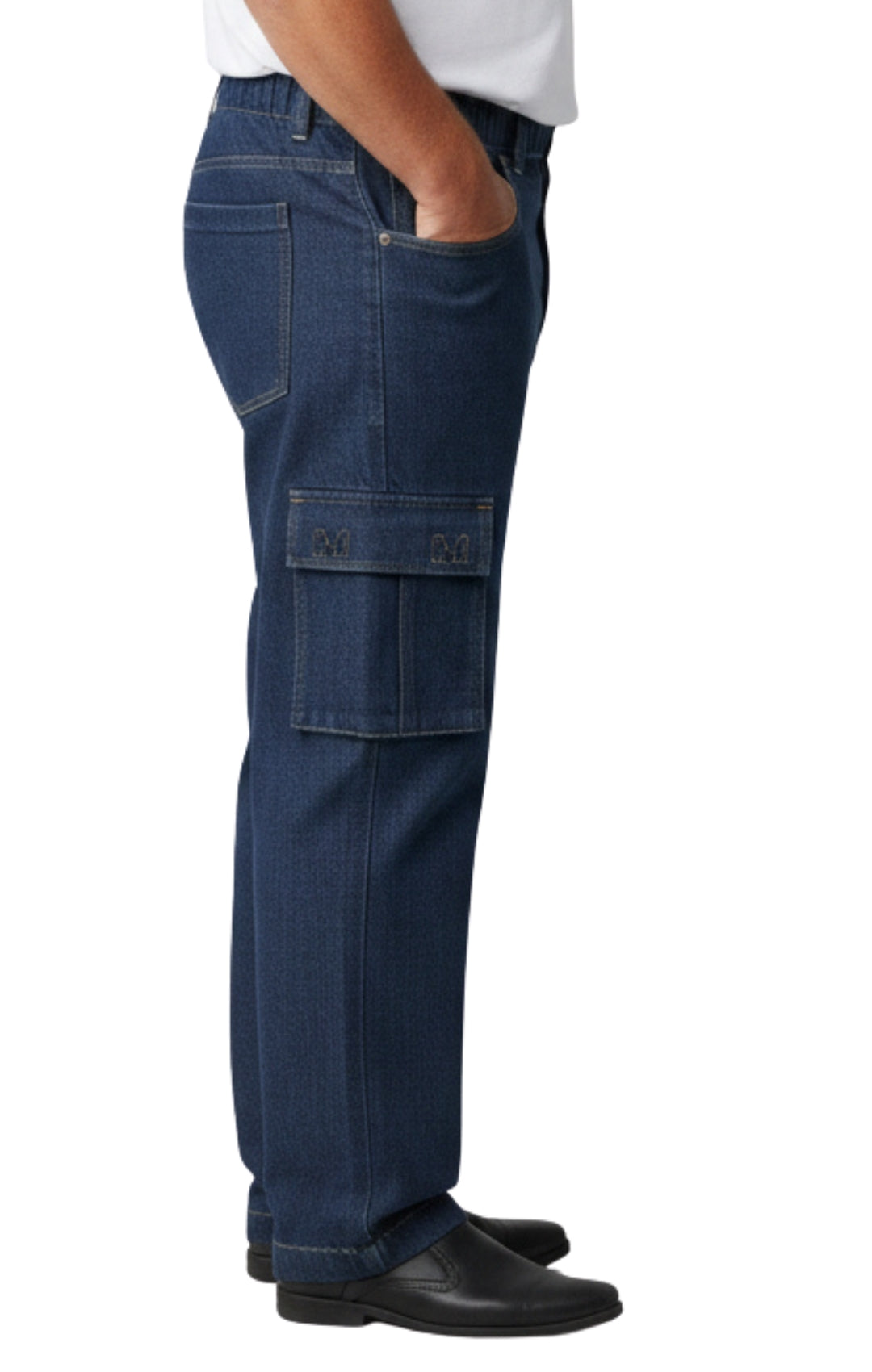 Men's Relaxed Pull-On Denim Cargo Jeans in Medium Blue