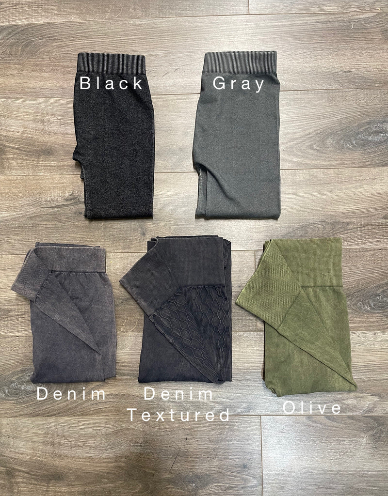 Women wearing high-rise mineral-wash vintage knit leggings in a tapered ankle fit.