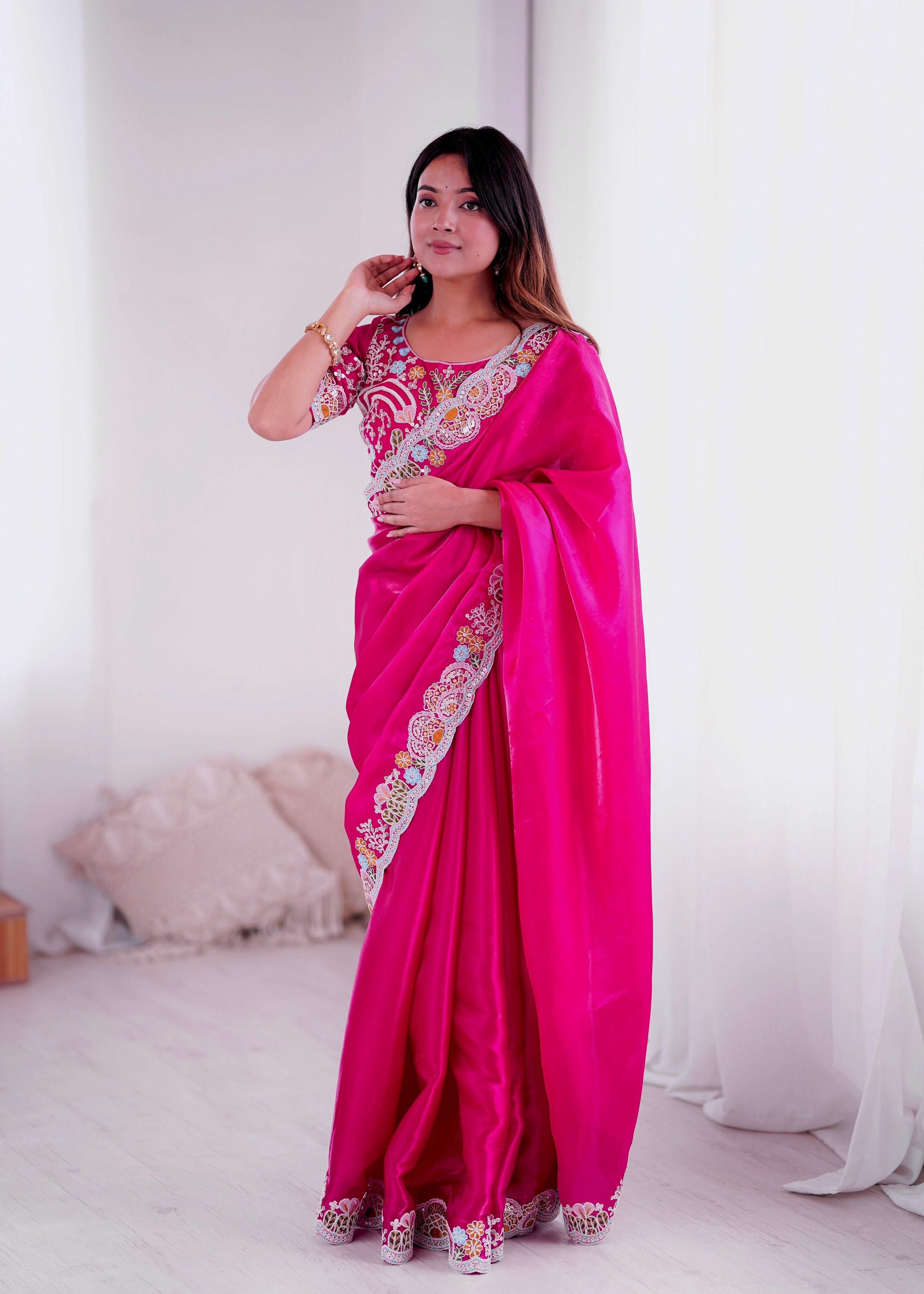 Magenta Jimmy Choo Saree with Sequins and Thread Embroidery Work