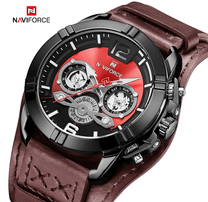 Men's Waterproof Chronograph Watch with Leather Strap & Dial Window
