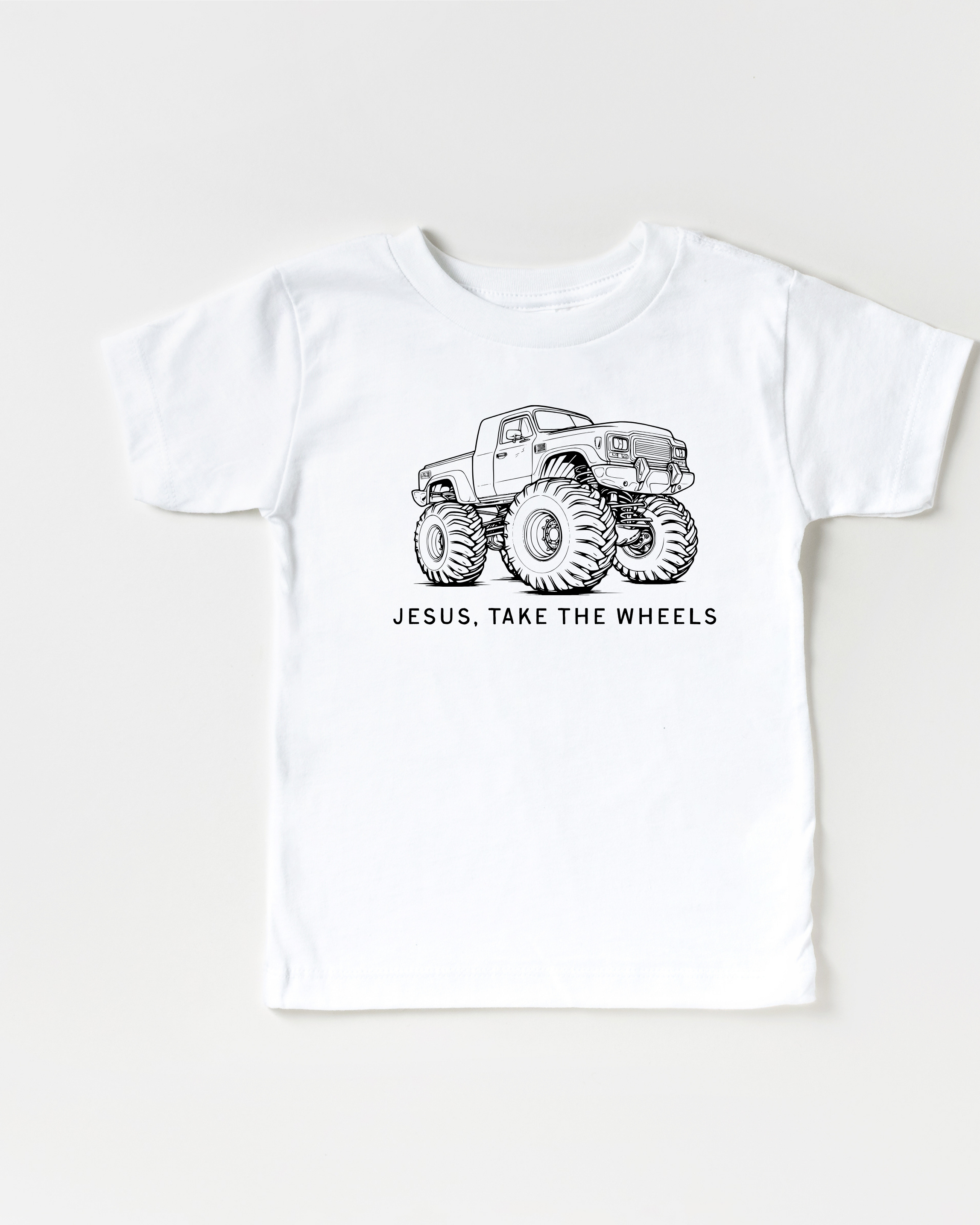 Kids Jesus Take the Wheels Monster Truck Graphic Crew Neck T-Shirt