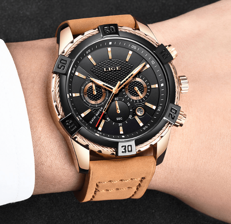 Waterproof Men's Chronograph Watch with Gold Accents and Date