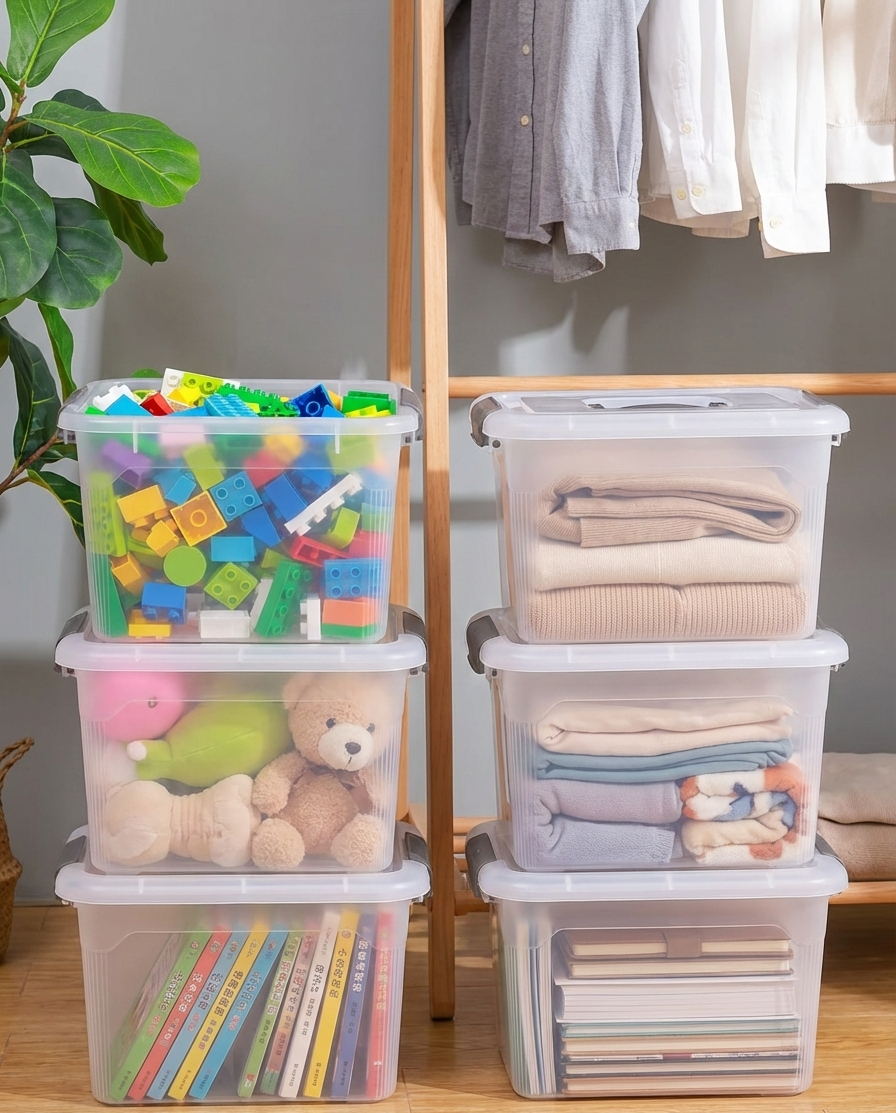 Set of 6 transparent stackable plastic storage boxes with grey locking lids and handles