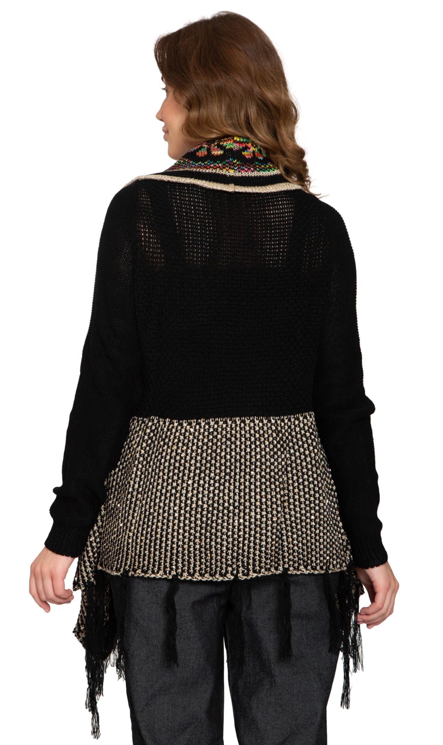 Women's Fringed Jacquard Long Cardigan Open Front Knit Sweater