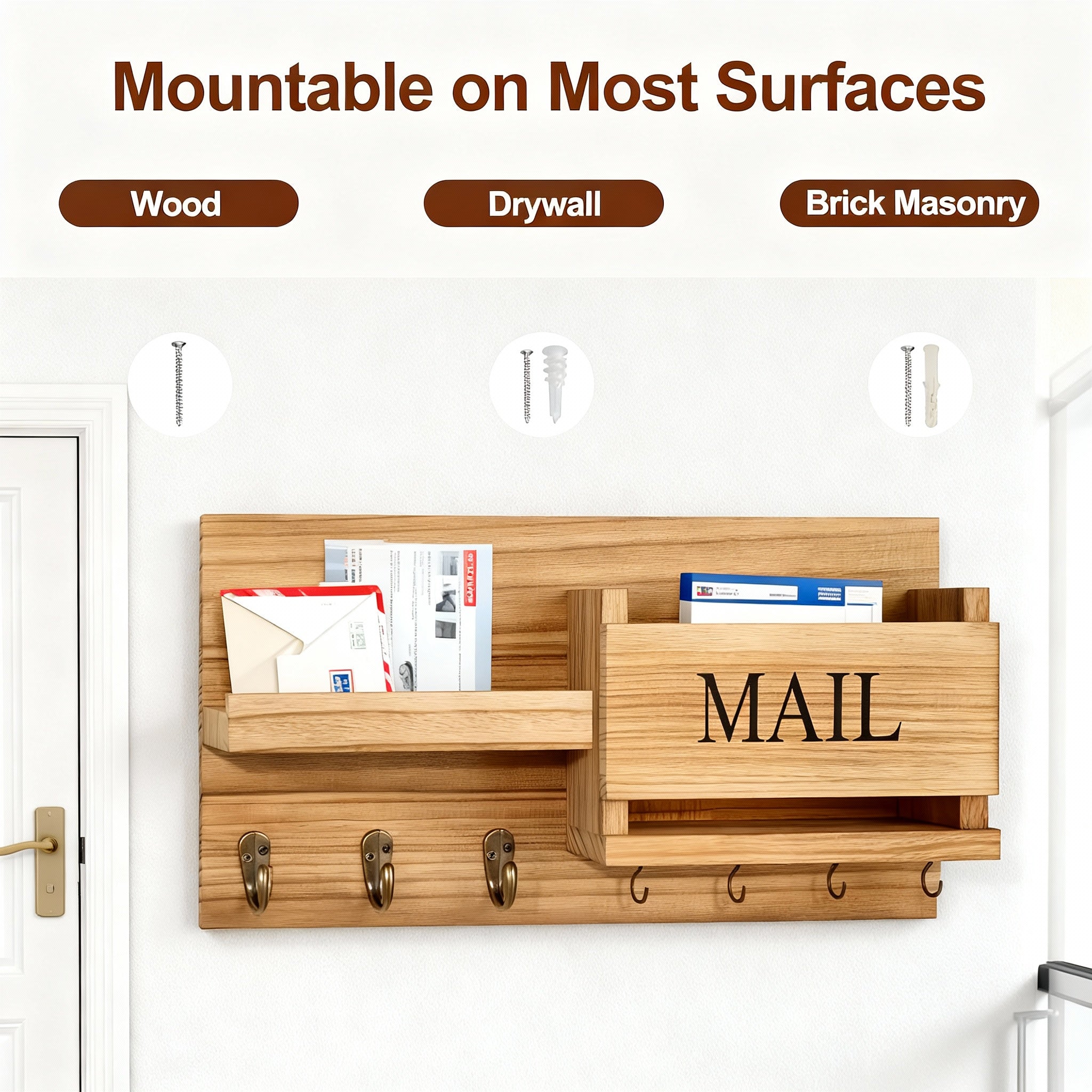 Rustic Wood Wall Organizer with Mail Rack, Key Hooks & Coat Rack