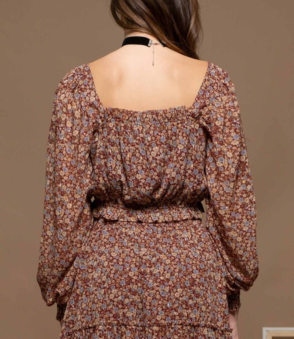 Lennox Floral Square Neck Long Sleeve Crop Top in Burgundy