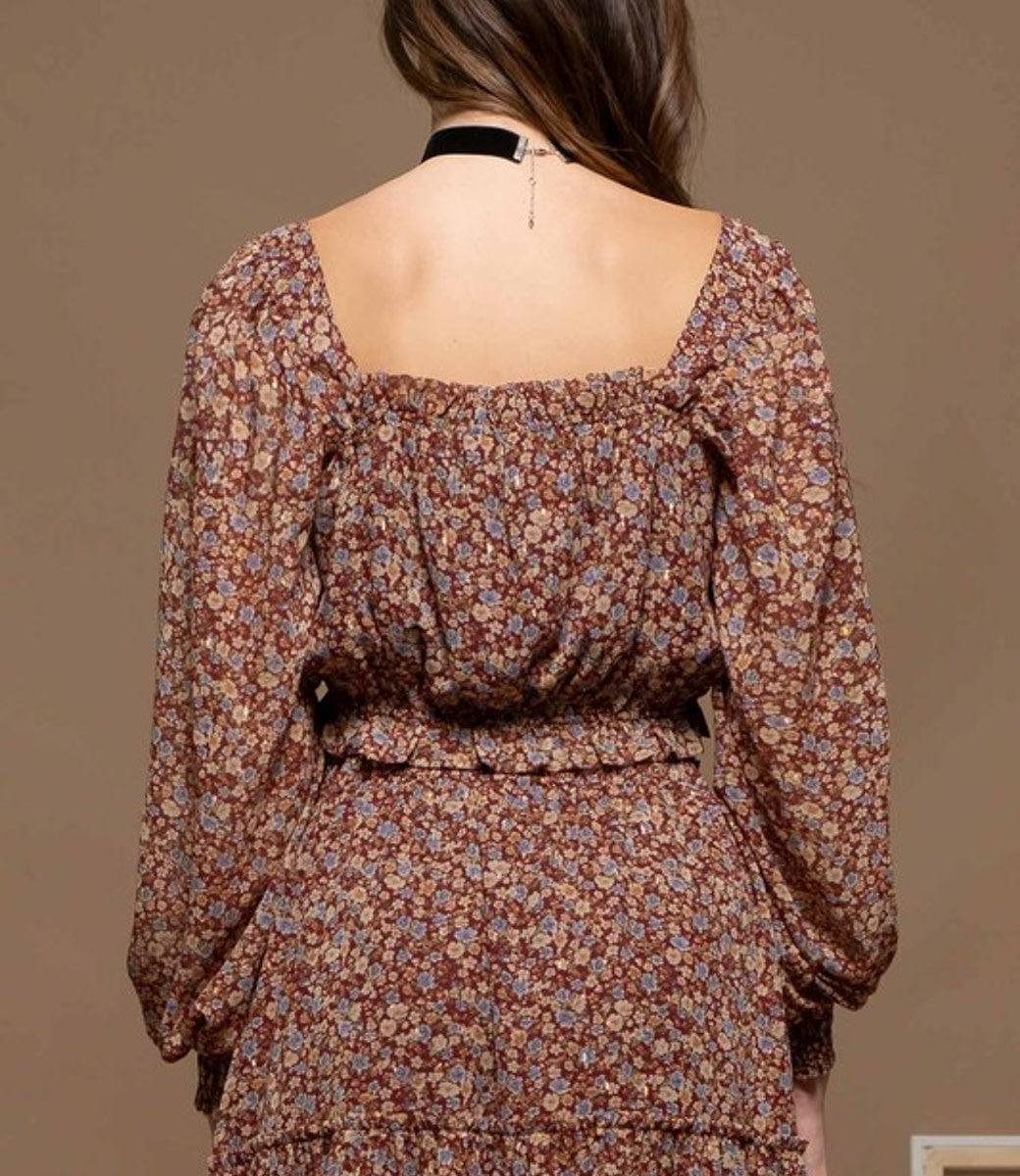 Lennox Floral Square Neck Long Sleeve Crop Top in Burgundy