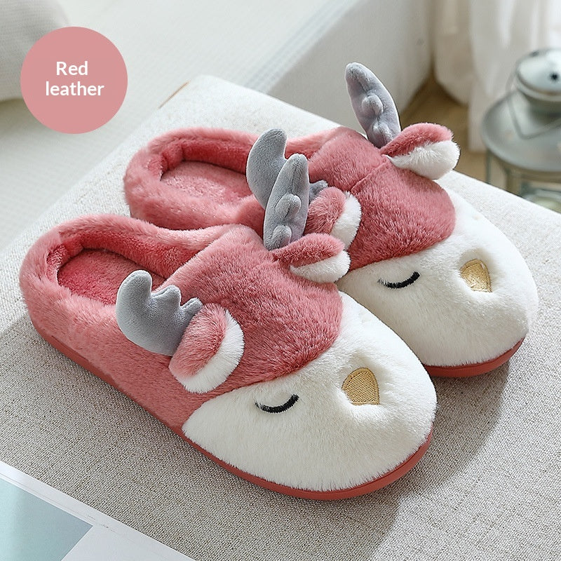 Furry Deer Elk House Slippers Warm Non-Slip Indoor Bedroom Shoes