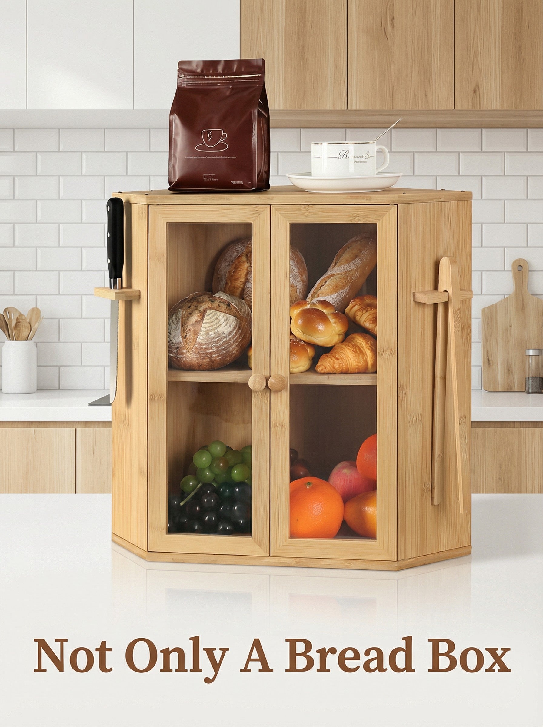 2-Tier Bamboo Bread Box with Clear Doors Kitchen Organizer