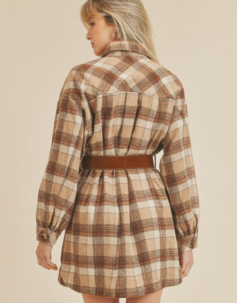 Benny Plaid Shirt Dress in Beige and Brown Preppy Casual