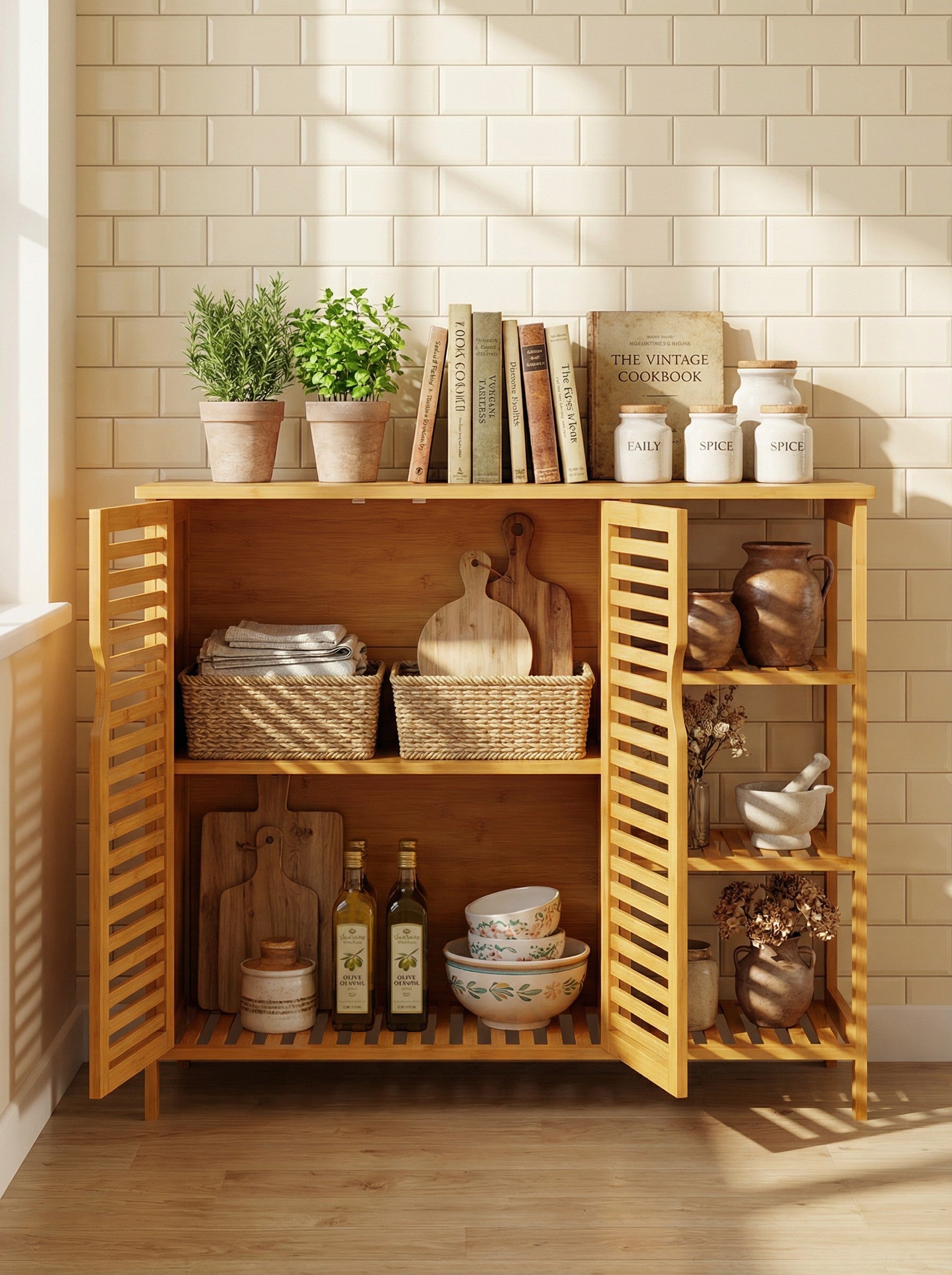 4-Tier Bamboo Floor Cabinet with Doors for Minimalist Storage