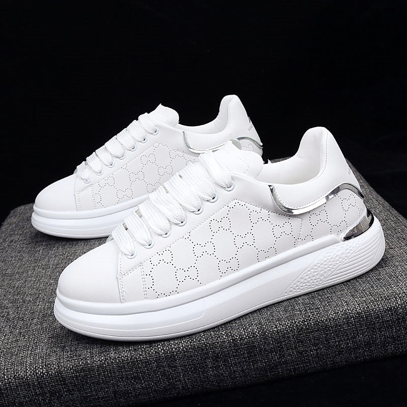 Women's White Thick Soled Casual Lace-Up Sneakers Sports Trainers